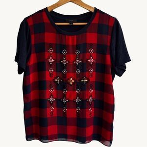 J. Crew Red and Blue Buffalo Checkered Beaded Embellished Tee Top Medium